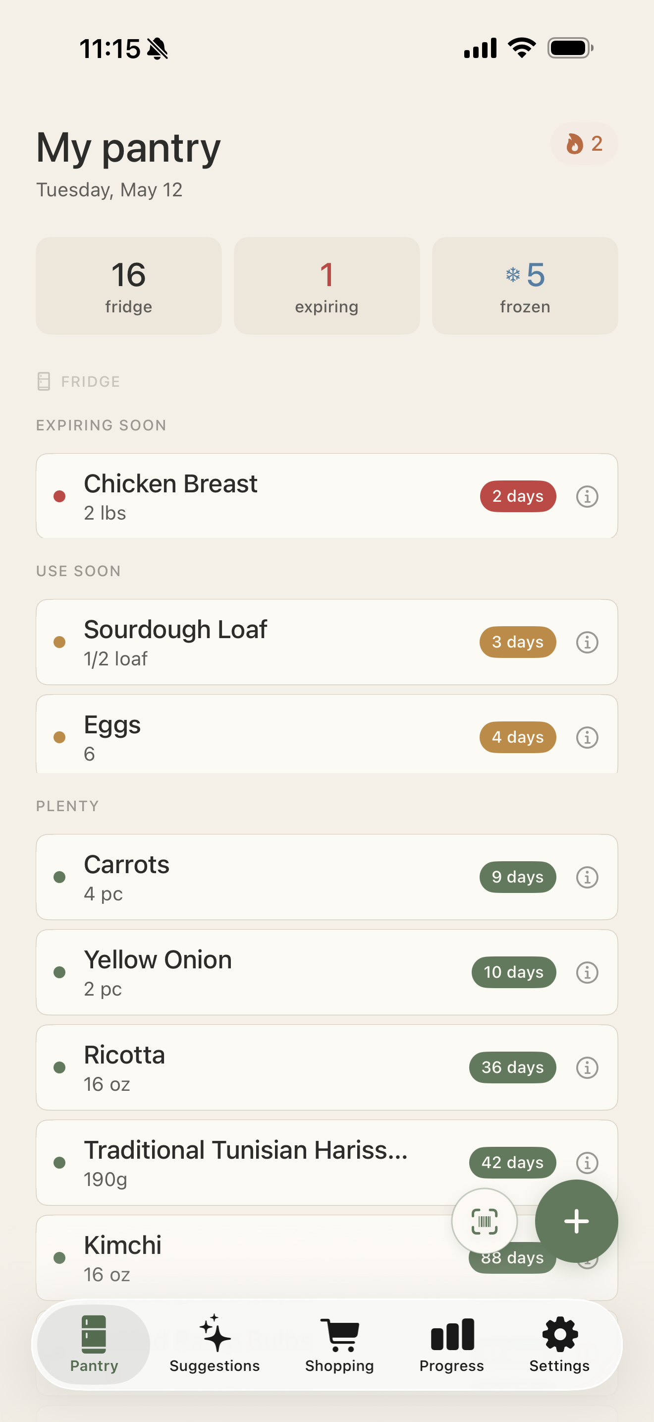 MiseCook pantry screen showing expiry urgency